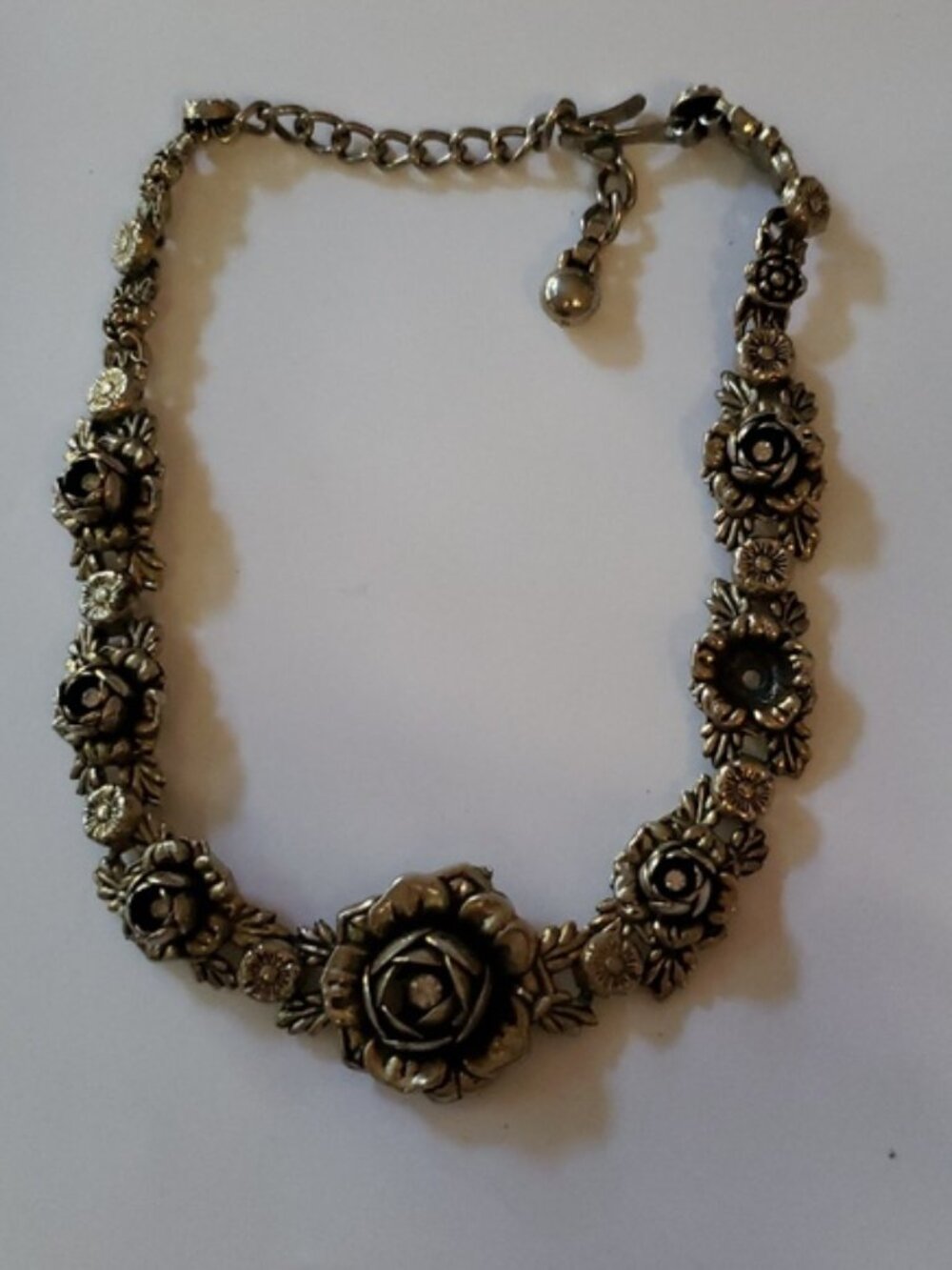 Silver-tone Art Nouveau Revival Floral Choker Necklace with Rhinestones